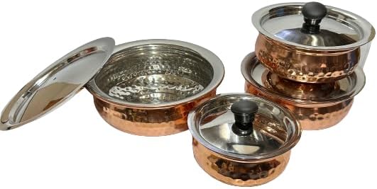 Dynore Stainless Steel Copper Plated Hammered Finish Handi Set with SS lid- Set of 4 for Serving & Cooking