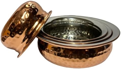 Dynore Stainless Steel Copper Plated Hammered Finish Handi Set with SS lid- Set of 4 for Serving & Cooking