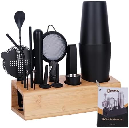 Cocktail Shaker Set Bartender Kit with Bamboo Stand, 15-Piece Stainless Steel Bar Set Accessories, Professional Bartending Kit Home Bar Tools Set with Recipes (Matte Black, Natural Wood Stand)