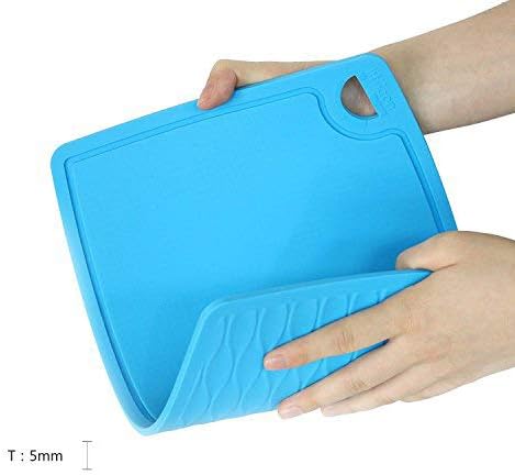 Liflicon Thick Silicone Cutting Board 12.6'' x 9.1'' Foldable & Flexible Design Juice Grooves Easy Grip Handle Dishwasher Safe-Blue
