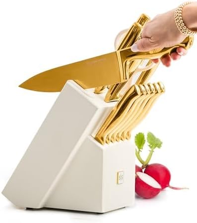 STYLED SETTINGS White and Gold Knife Set with Block – 14-PC Full Tang Titanium-Coated Stainless Steel Gold Knives and White Knife Block with Built-In Sharpener – Luxury Kitchen Accessories