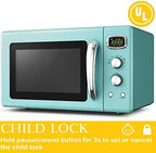 Retro Microwave Oven 0.9Cu.ft，900W Compact Countertop Microwave w/5 Micro Power & 8 Auto Cooking, Child Lock, Timer Setting & Glass Turntable, LED Display, Mint Green