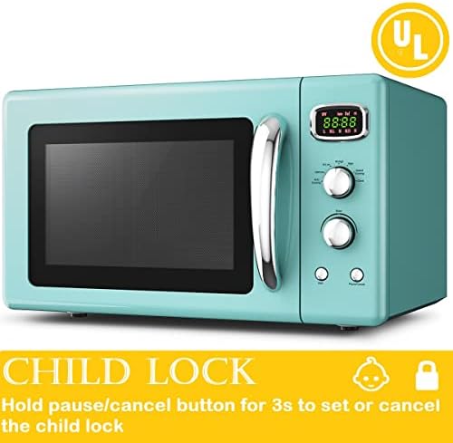 Retro Microwave Oven 0.9Cu.ft，900W Compact Countertop Microwave w/5 Micro Power & 8 Auto Cooking, Child Lock, Timer Setting & Glass Turntable, LED Display, Mint Green