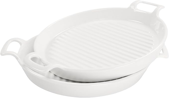 Round 7.4 Inch Au Gratin Baking Dishes, Set of 2, Porcelain Baking pan Oven Safe, Roasting Lasagna Pans, for Casserole Dish, Pie Plate, Baking, Small Plates, Au Gratin Baking Dishes