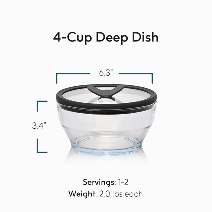 Anyday 4-Cup Glass Food Storage with Glass Lid, Round Deep Dish | Plastic-Free Meal Prep & Microwave Cookware | Stackable Airtight Storage Container with Vented Lid for Microwave-Safe Reheating