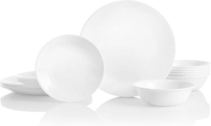 Corelle Vitrelle 18-Piece Service for 6 Dinnerware Set Triple Layer Glass and Chip Resistant, Lightweight Round Plates and Bowls Set, Winter Frost White