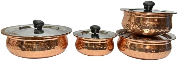 Dynore Stainless Steel Copper Plated Hammered Finish Handi Set with SS lid- Set of 4 for Serving & Cooking