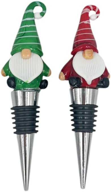 Gnome Wine Bottle Stoppers Set of 2 - Christmas Red/Green Reusable Universal Bottle Stopper Silicone Saver Handmade Glass Unique Gifts Holiday Bar Wedding - Vibrant Colors! (2)