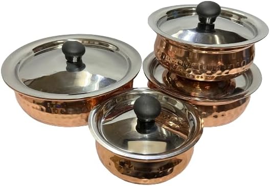 Dynore Stainless Steel Copper Plated Hammered Finish Handi Set with SS lid- Set of 4 for Serving & Cooking