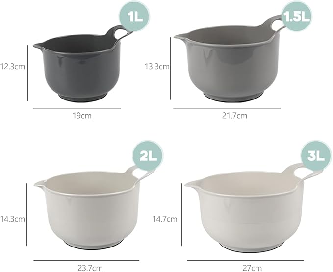 BoxedHome 4 Pack Nesting Mixing Bowl with Pour Spout and Handle, BPA free Microwave & Dishwasher Safe(Grey, 4 Pack with Handle)