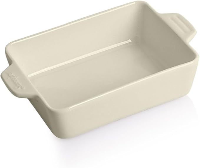 Sweejar Ceramic Baking Dish, Rectangular Small Baking Pan with Double Handles, 20 Oz for Cooking, Brownie, Kitchen, 6.5 x 4.9 x 1.8 Inches(Beige)
