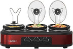 3 * 1.5 Quarts Triple Slow Cooker, Buffet Server & Warmer with 3 Removable Ceramic Pots, 3 Adjustable Temp Settings & 3 Metal Lid Rests, Stainless Steel, Red