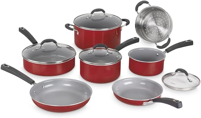 Cuisinart 54C-11R 11-Piece Ceramica XT Nonstick Cookware Set, Red/Stainless Steel