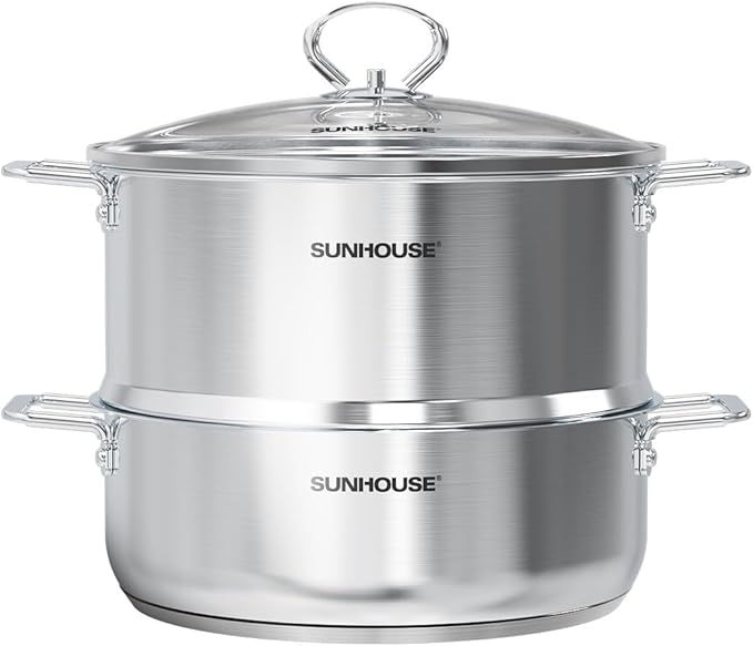 SUNHOUSE 2-Tier Stainless Steel Steamer Pot with Lid - Larger 5.5 QT Steamer & 3.8 QT Stockpot Base - Induction Ready, Compatible with All Cooktops - Multipurpose for Vegetables & Dumplings