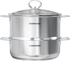 SUNHOUSE 2-Tier Stainless Steel Steamer Pot with Lid - Larger 5.5 QT Steamer & 3.8 QT Stockpot Base - Induction Ready, Compatible with All Cooktops - Multipurpose for Vegetables & Dumplings