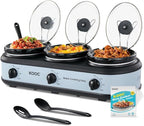 KOOC Triple Slow Cooker Buffet Server and Food Warmer 3x1.5 Quart Individual Temp Control With Lid Rests & Spoons With Liners Included Blue Grey