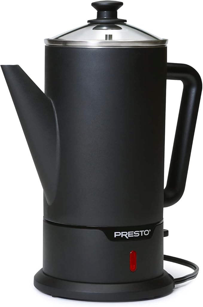 Presto 02815 12-Cup Cordless Coffee Percolator - Stainless Steel, Modern Design, Easy Pour Spout, Stay-Cool Handle, Matte-Black
