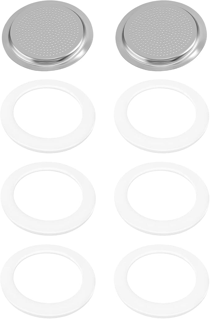 6 Pieces Moka Pot Replacement Cup Gasket with 2 Pcs Stainless Filter Silicone Moka Express Replacement Seals Funnel Kits Compatible Espresso Coffee Maker Parts(6-cup)