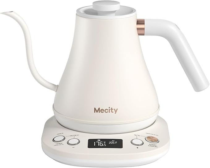Mecity Electric Gooseneck Kettle With Keep Warm Function & LCD Display Automatic Shut Off Coffee Kettle Temperature Control Pour Over Kettle 1200 Watt, 0.8L, 120V, Off White
