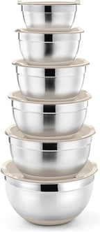 P&P CHEF Mixing Bowls With Lids, Set of 6, Stainless Steel Nesting Mixing Bowls & Fitting Lids & Non-Slip Silicone Bottom, Ideal for Mixing, Storing, Size 0.7/1/1.5/2.5/3/4.6 Qt, Khaki