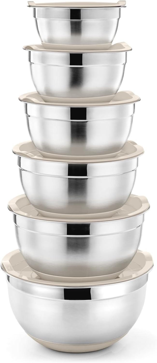 P&P CHEF Mixing Bowls With Lids, Set of 6, Stainless Steel Nesting Mixing Bowls & Fitting Lids & Non-Slip Silicone Bottom, Ideal for Mixing, Storing, Size 0.7/1/1.5/2.5/3/4.6 Qt, Khaki