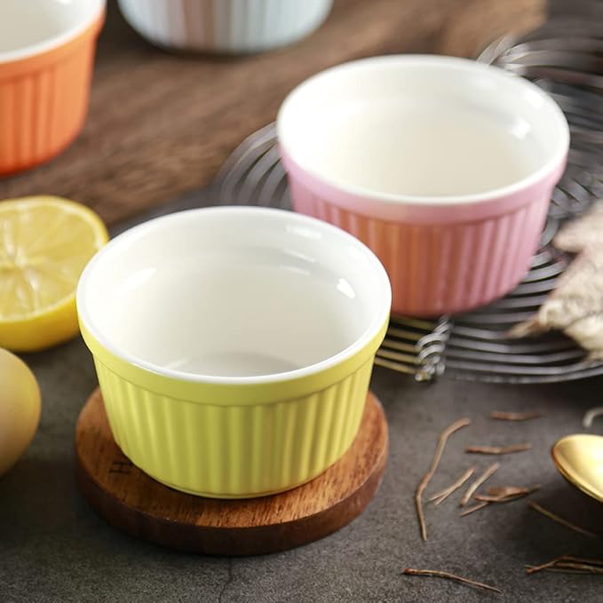 Ramekins 6oz Oven Safe,Creme Brulee Ramekin and Souffle Dishes,Porcelain Baking Bowls,Dipping Sauce Dish.Pudding Cups,Set of 6,Red