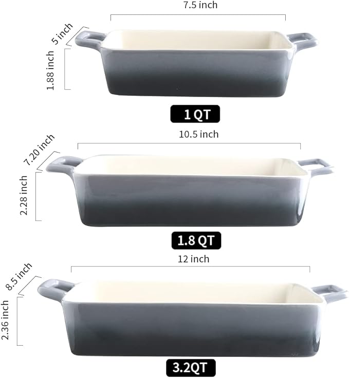 KOOV Bakeware Set, Ceramic Baking Dish, Rectangular Baking Pans for Cooking, Cake Dinner, Kitchen, Banquet and Daily Use, 12 x 8.5 Inches, 3-Piece (Gradient Gray)