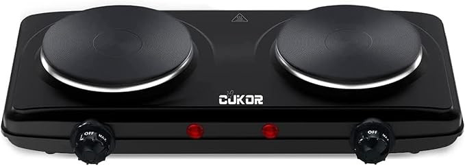 CUKOR Double Cast Iron 2 Burner, 1800W Countertop Burner, Dual Electric Stove Burners, Portable Double Burner for Cooking