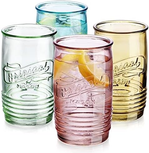 Glaver's Set Of 4 Original Mason Collins Glasses Assorted Colored Drinking Glasses For Juice, Cocktails, Beverage Glass Cups, Hand Wash-In Cold Water (Original Mason Colored 20 OZ)