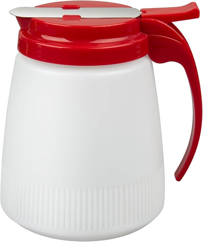 Restaurantware-Chef 101 32 Ounce All Purpose Syrup Dispenser, 1 Honey Dispenser - Red Top, Stainless Steel Slide Cover, Plastic Pancake Syrup Bottle, Perfect For Diners, Restaurants, Home