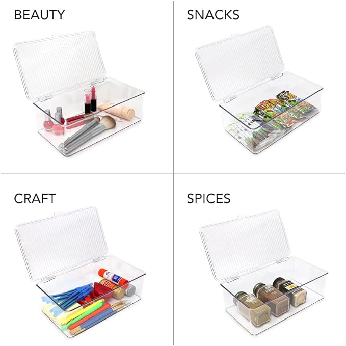Isaac Jacobs Medium Stackable Organizer Bin (10.75”x6.5”x3.7”) w/ Hinged Lid, Clear Storage Box, Home, Office, School, Fridge, Bathroom, Kitchen, Pantry Container, BPA-Free, Food Safe (Medium, Clear)