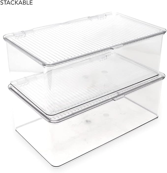 Isaac Jacobs Medium Stackable Organizer Bin (10.75”x6.5”x3.7”) w/ Hinged Lid, Clear Storage Box, Home, Office, School, Fridge, Bathroom, Kitchen, Pantry Container, BPA-Free, Food Safe (Medium, Clear)
