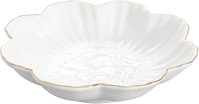 Porcelain Serving Dish,Ceramics Flower Relish Tray with Metallic Rim,Serving Bowls for Wedding,Party Perfect for Small Cereal, Pasta, Salad, Candy and Snacks White 9 inch