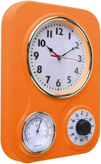Lily's Home - 9.5 Inch x 12.5 Inch - Retro Kitchen Wall Clock, Vintage Wall Clock with a Thermometer and 60-Minute Timer, Ideal for Any Kitchen, Office, or Diner (Orange)