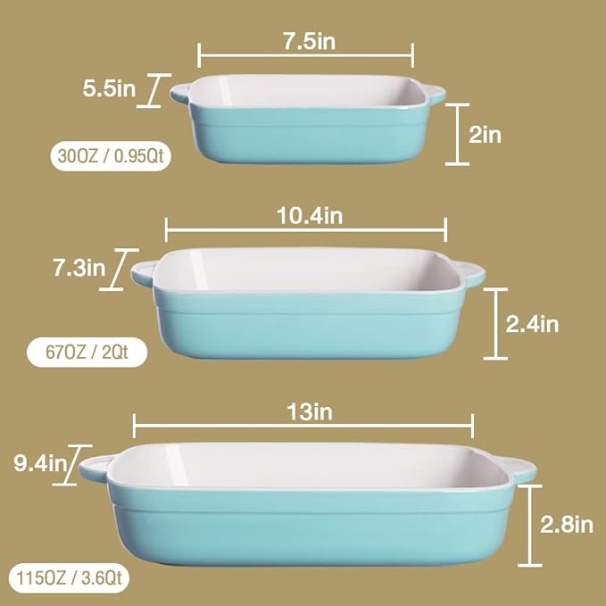Sweejar Casserole Dishes for Oven, Ceramic Bakeware Set of 3, Lasagna Pan Deep with Handle, Rectangular Baking Pan Set, 9x13 Baking Dish for Cooking, Banquet and Daily Use (Beige)
