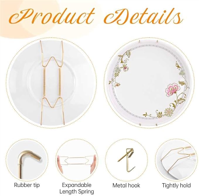 Bilillo 12 Pieces Invisible Wall Plate Hangers 10/12/14 Inches Wall Plate Hangers Stainless Steel Decorative with 12 Pieces Hook with Nails Suitable for 8-16 inch Decorative Antique and Arts(Gold)