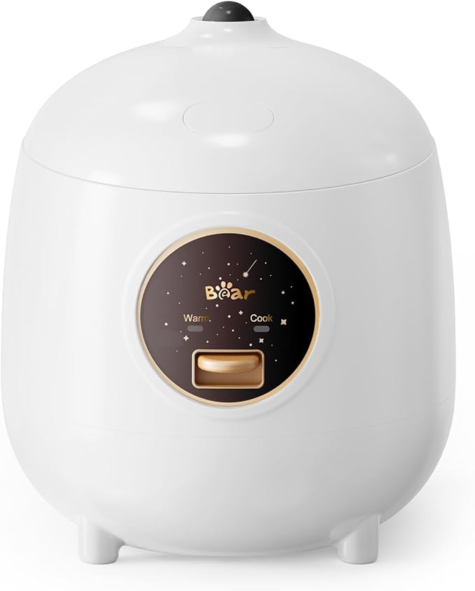 Bear Mini Rice Cooker 2 Cups Uncooked, 1.2L Portable Non-Stick Small Travel Rice Cooker, BPA Free, One Button to Cook and Keep Warm Function, White