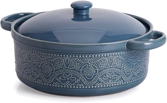 FUN ELEMENTS Lace Emboss Casserole Dish with Lid, 2 Quart Oven to Table Ceramic Round Serving Dish with Handles for Dinner and Party, Thanksgiving Christmas Gifts(Grayish Blue)