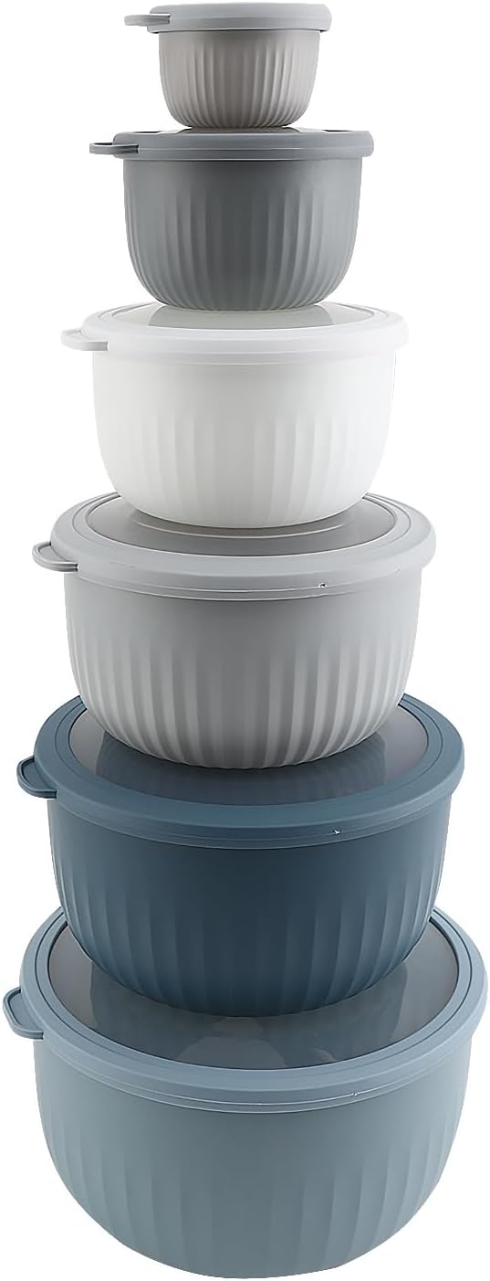 COOK WITH COLOR Prep Bowls with Lids- Wide and Deep Nesting Plastic Small Mixing Bowl Set with Lids, 12 Piece Set - Deep Bowls, Blue/Grey