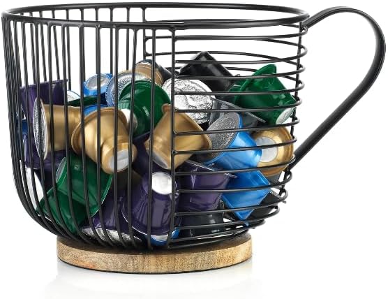 Coffee Pod Holder - Large Capacity Black Wire K Cup Storage with Wooden Base - Modern Coffee Basket Decor for Kitchen Countertop for Keurig Kcups & Espresso Capsules