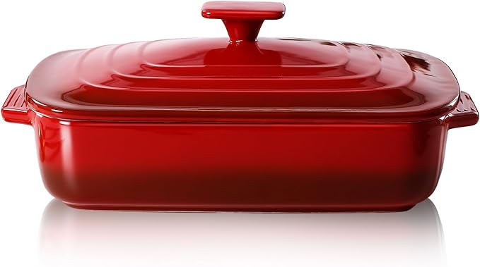 Lareina Large Ceramic Casserole Dish with Lid, 4.0 Quart Covered Rectangular Stoneware Baking Dishes for Oven, Deep 9x13 Inch Lasagna Pans for Baking and Serving, Perfect for Christmas gifts, Red
