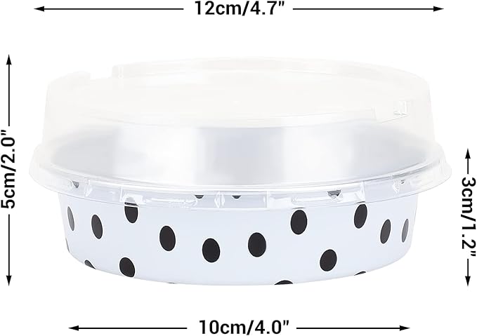 Beasea Mini Tart Pans with Lids 20 Pack, 4” 8oz Disposable Aluminum Baking Foil Tins Round Small White Black Dot Container for Individual Cupcake Dessert Muffin Ramekin Cheesecake Quiche Oven Dishes