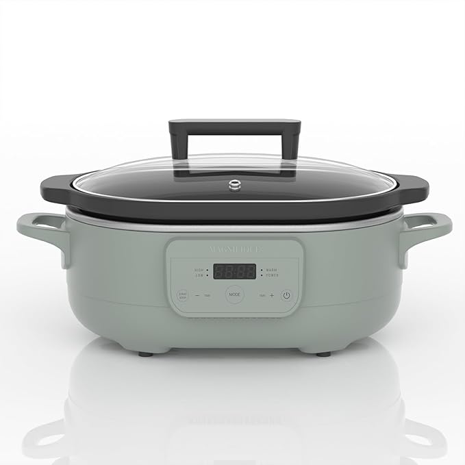 MAGNIFIQUE 6 Quart Programmable Slow Cooker Removable Healthy Nonstick Pot - Small Kitchen Appliance for Family Dinners - Serves 6+ People - Heat Settings: Keep Warm Olive