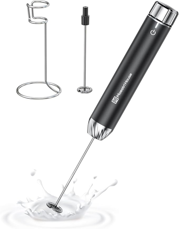 Maestri House Rechargeable Milk Frother with Stepless Speed Control, LunaFro Max Handheld Electric Foam Maker Waterproof Drink Mixer Foamer with Stand & Detachable Whisks for Lattes, Cappuccino