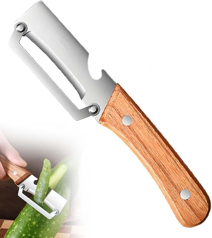 Multi Functional Premium Vegetable Peeler with Wooden Handle and Bottle Opener Stainless Steel Blade Kitchen Tool for Fruit Potato Pumpkin Papaya
