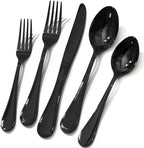 KINGSTONE 60 Piece Teardrop Silverware Set for 12, 18/10 Stainless Steel Flatware Set, Modern Design Cutlery Set for Home/Hotel/Wedding,Mirror Polished and Dishwasher Safe, Black