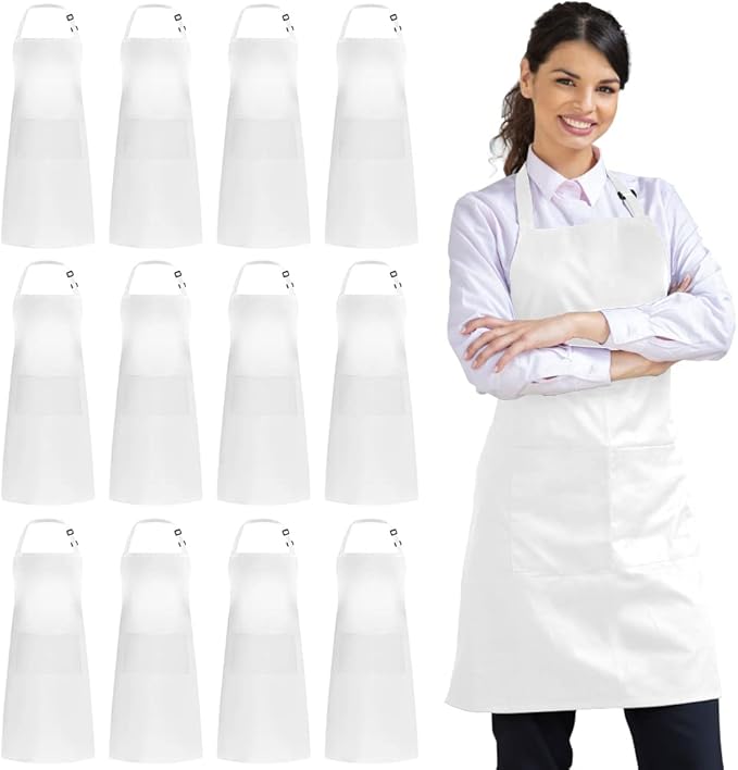 Syntus 12 Pack Bib Apron, Unisex Aprons Adjustable 100% Cotton with 2 Pockets Cooking Kitchen Aprons for Women Men Chef, BBQ Drawing Apron Bulk, White