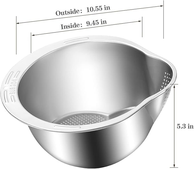 Rice Washer Strainer Bowl - 4-in-1 Washing Bowl for Quinoa, Stainless Steel Rinser With Side Drainers Small Colander for Cleaning Fruits, Vegetables, and Beans - Versatile Kitchen Tool