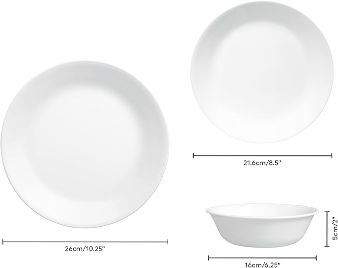 Corelle Dinnerware Set (12pc Set, Winter Frost White)-Dinner Set for 4 | 4 x Dinner Plates, Side Plates & Bowls