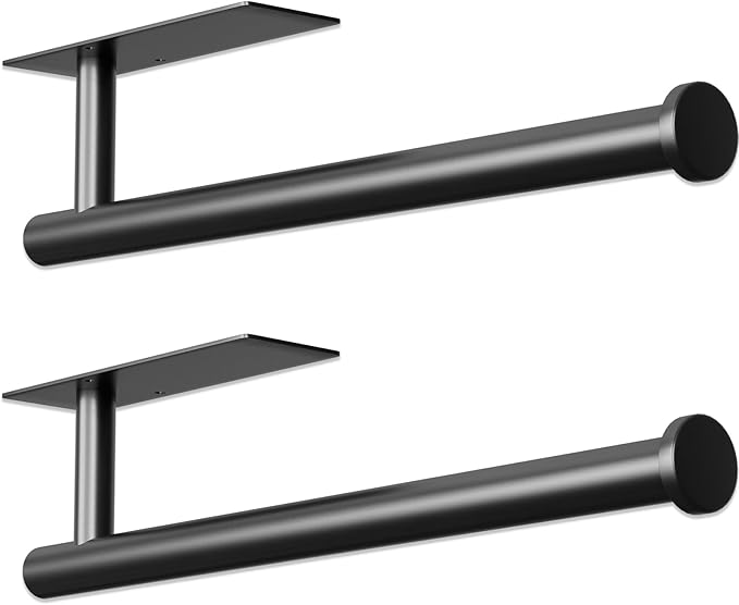 2 Pack Paper Towel Holder, Improved Paper Towel Holder Under Cabinet, Stainless Steel Paper Towel Holders Bar Rack with Self Adhesive and Screws for Kitchen, Bathroom, RV, Black